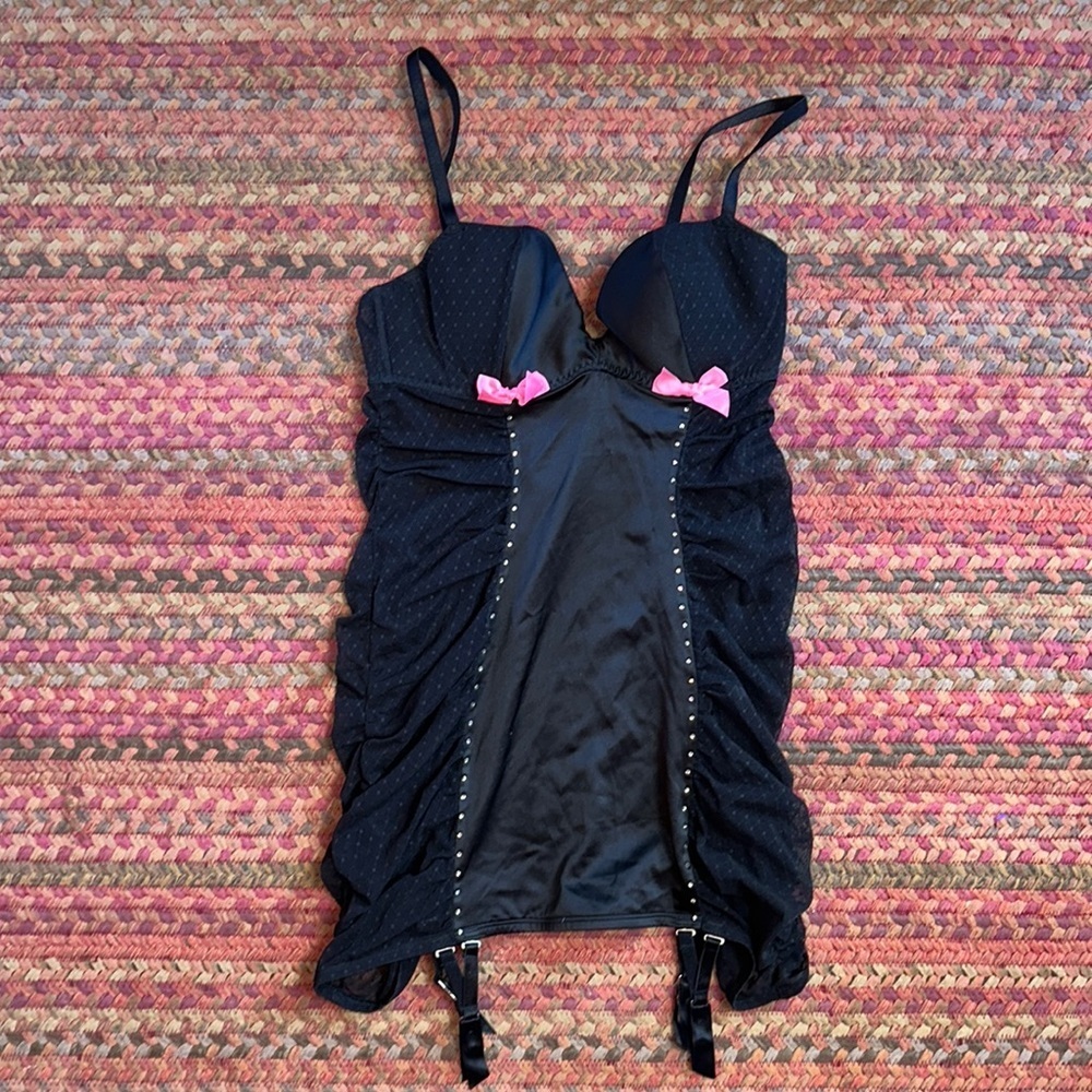 VICTORIAS SECRET Y2K SATIN MESH SIDE RHINESTONE GARTER SLIP SHOWGIRL COSTUME